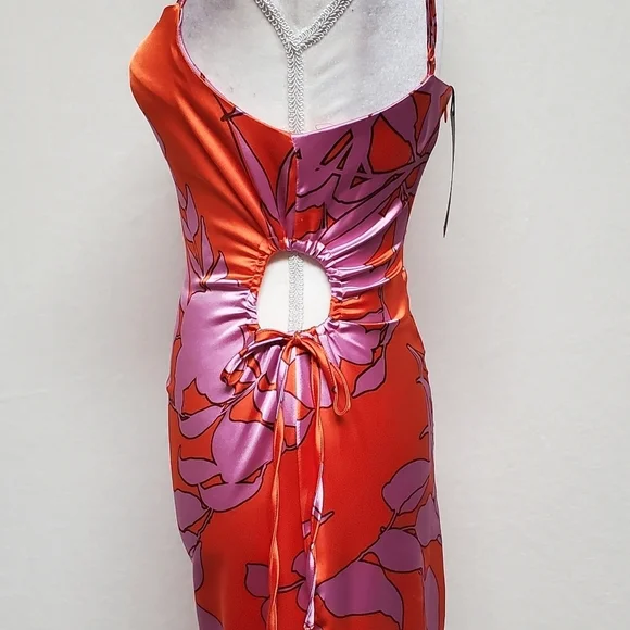 Christian Lacroix Orange Purple Retro Floral Print Satin Cut-out Midi Dress XS